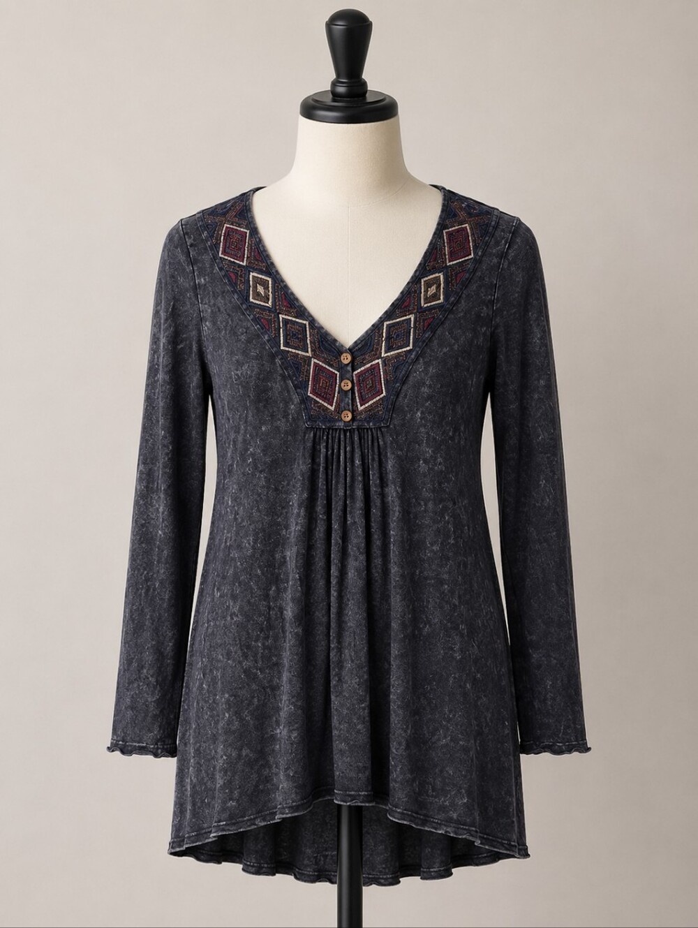 Distreased Washed Black Tunic Geometric Accents Boho Peasant Cottagecore